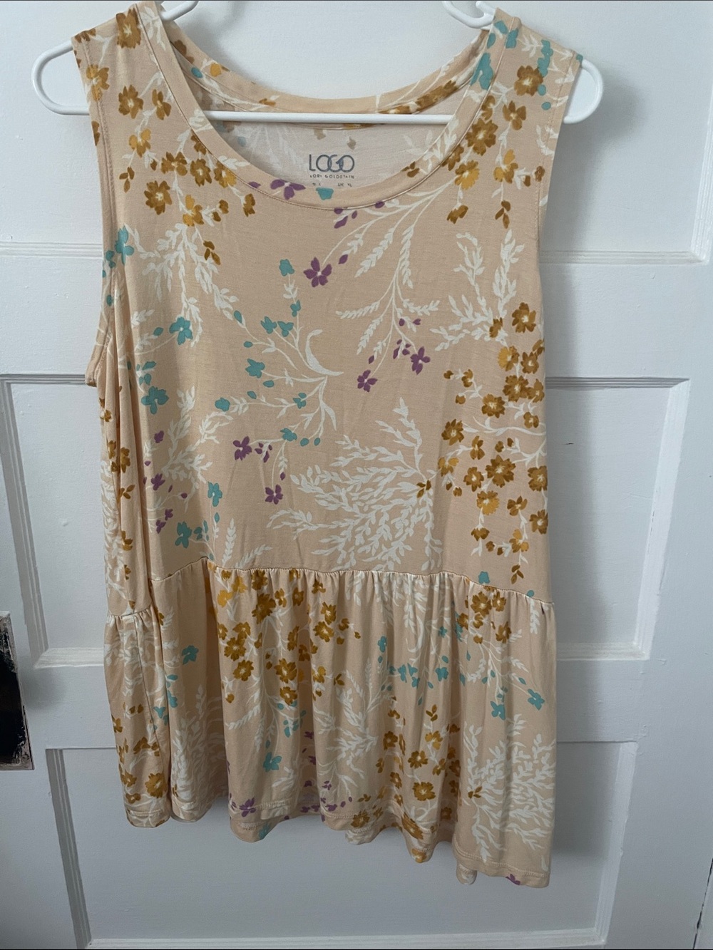 LOGO by Lori Goldstein Beige Floral Tank Top with Gold, Teal & Purple Accents